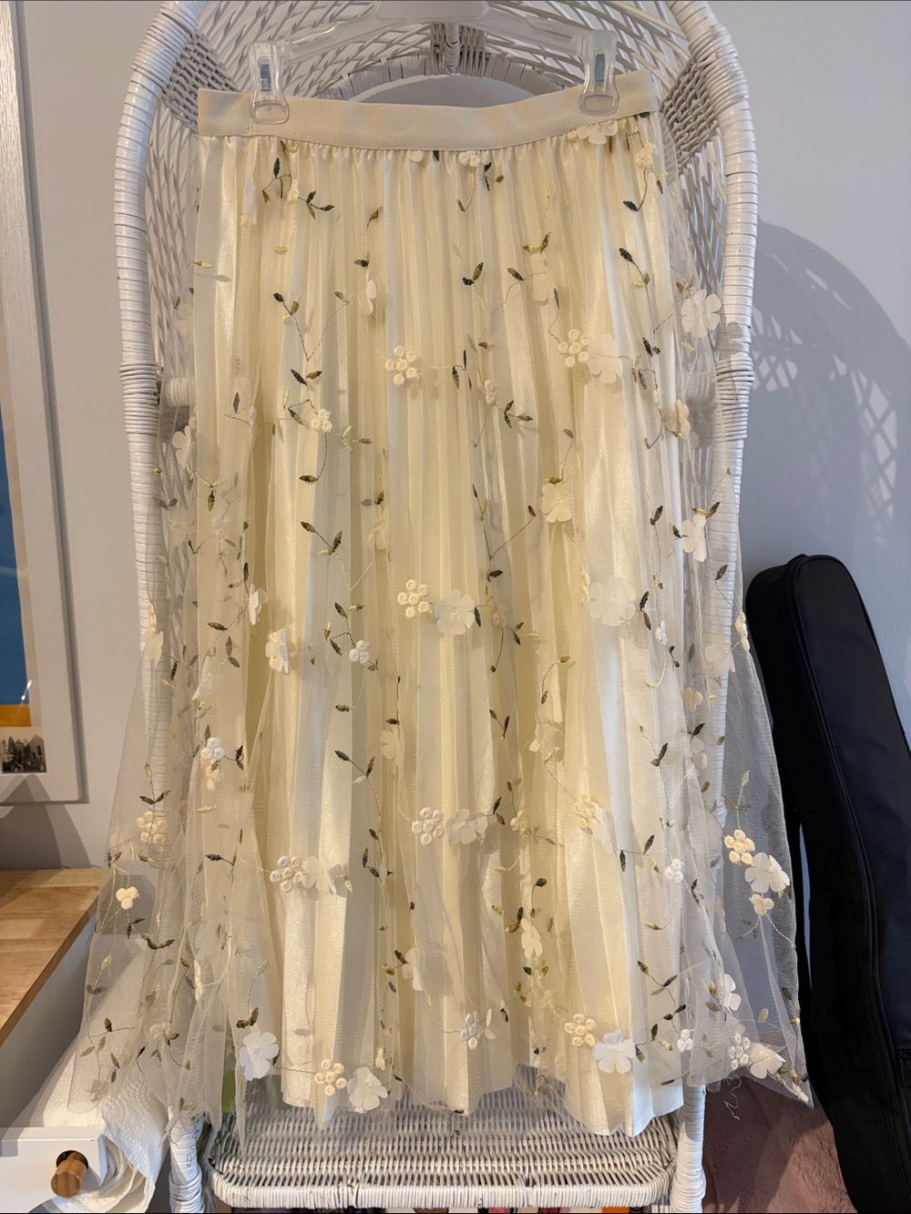 New Mix Cream Floral A-Line Midi Skirt with Green Embroidered Accents